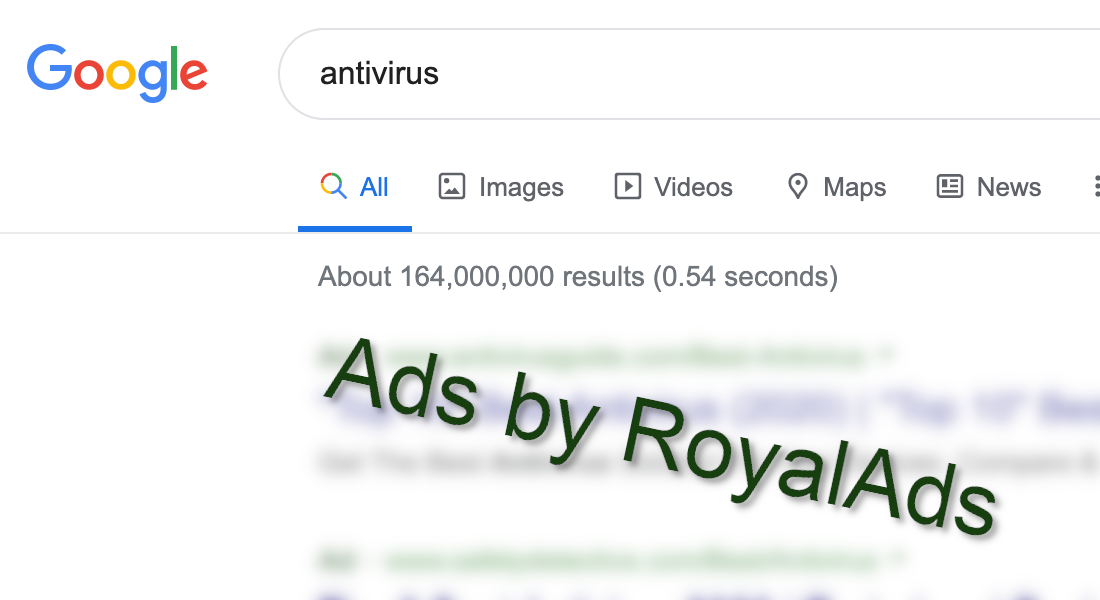 Ads by Royal Ads appear on top of real search results.