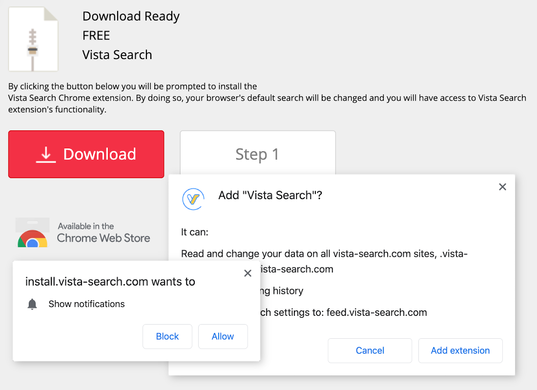Vista Search is installed using a vague download button and no clear refusal option.