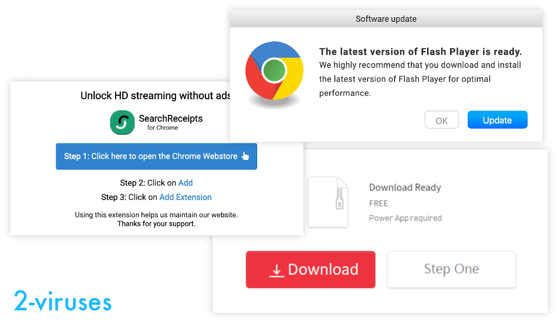 Fake flash player ad, fake HD streaming ad, fake download button.