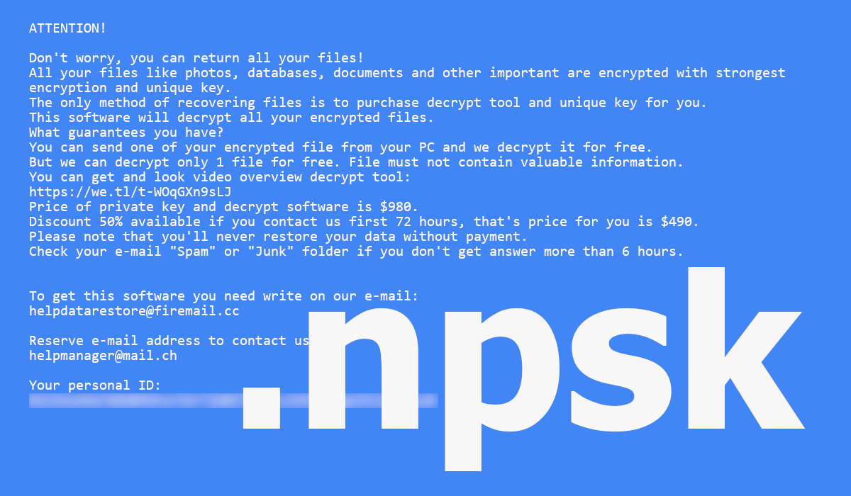 Npsk ransom note poses a ransom amount of $490 or $980.