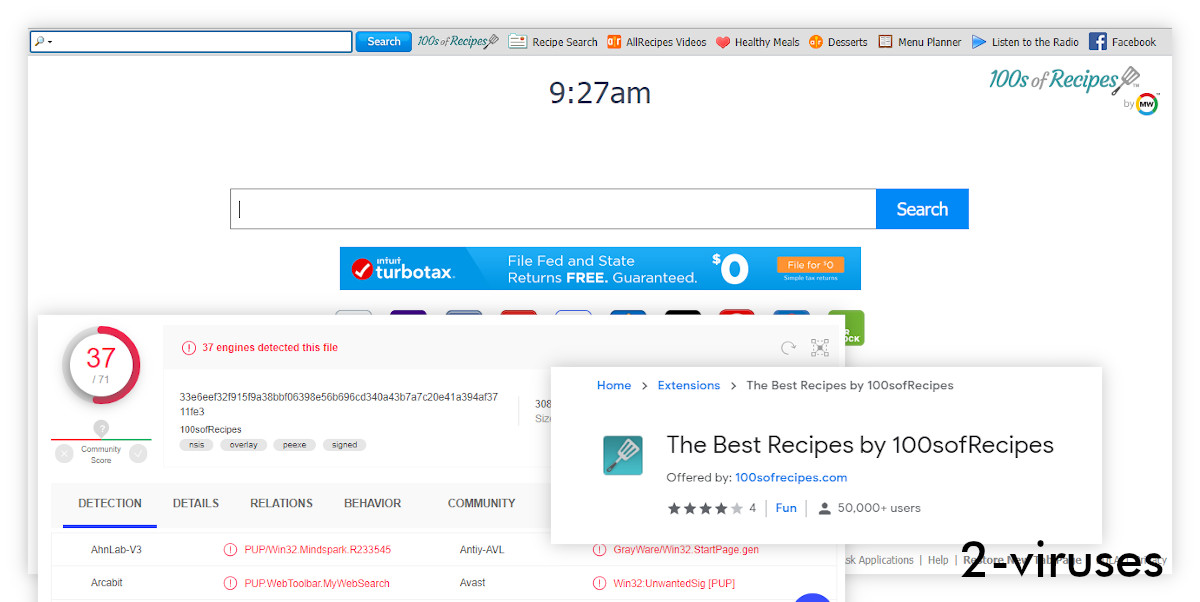 100sofRecipes is flagegd by 37/71 programs on VirusTotal.