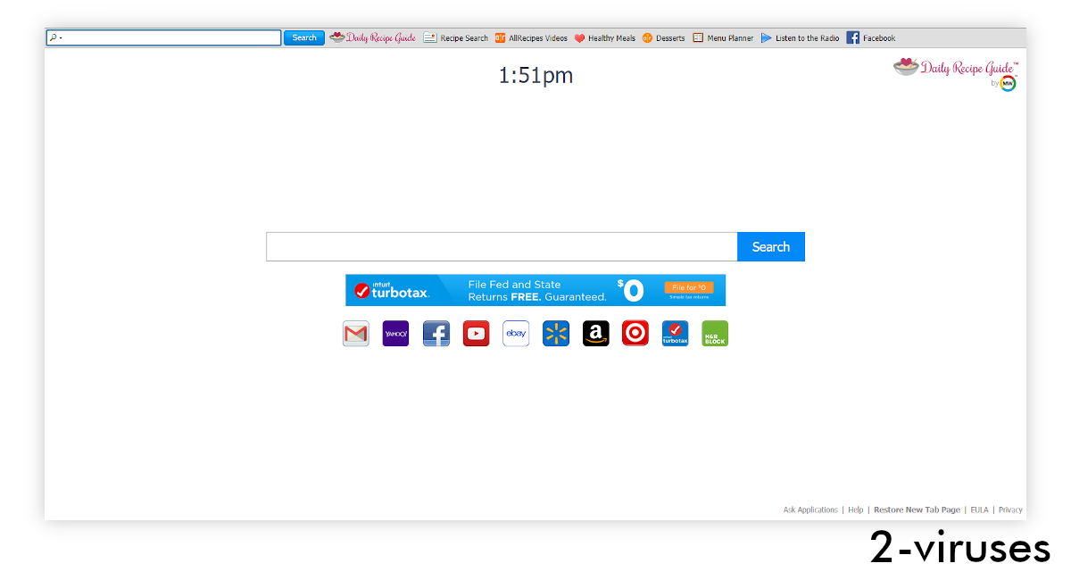 Dailyrecipeguide.com new tab page has a search box, an ad, and a bunch of links at the top.
