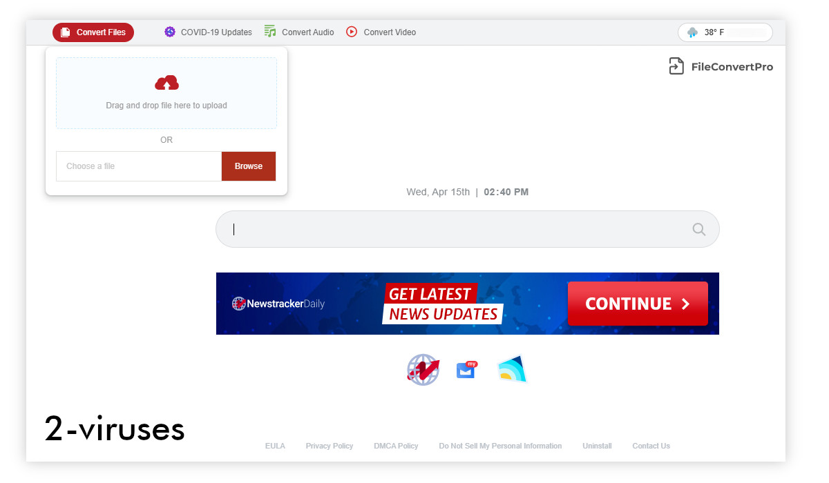 FileConvertPro's new tab page has an ad and a search box.