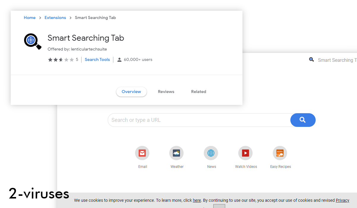 The Hsmartsearching.net new tab page is empty and its search box opens Yahoo.com.
