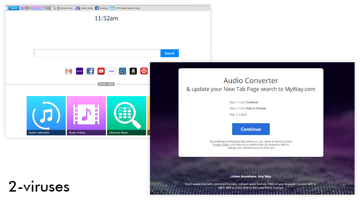 MyAudioTab says: "Audio Converter & Update your new tab page search to Myway.com".