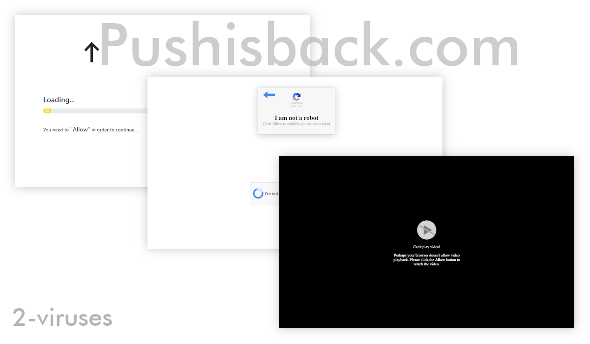 Pushisback.com shows various pages designed to trick people.