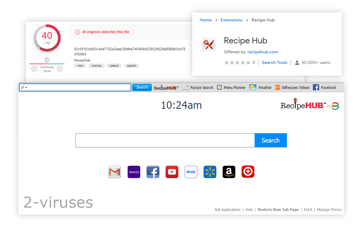 Recipe Hub's installer is detected by up to 40 programs on VirusTotal.