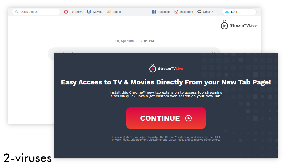 Streamtvlive.co says: "Easy Access to TV & Movies Directly From your New Tab Page!".