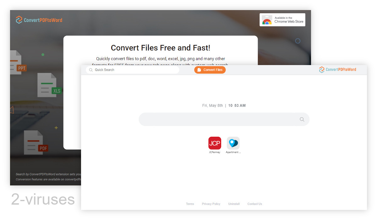 ConvertPDFToWord's new tab page has a search box and a file converter button.