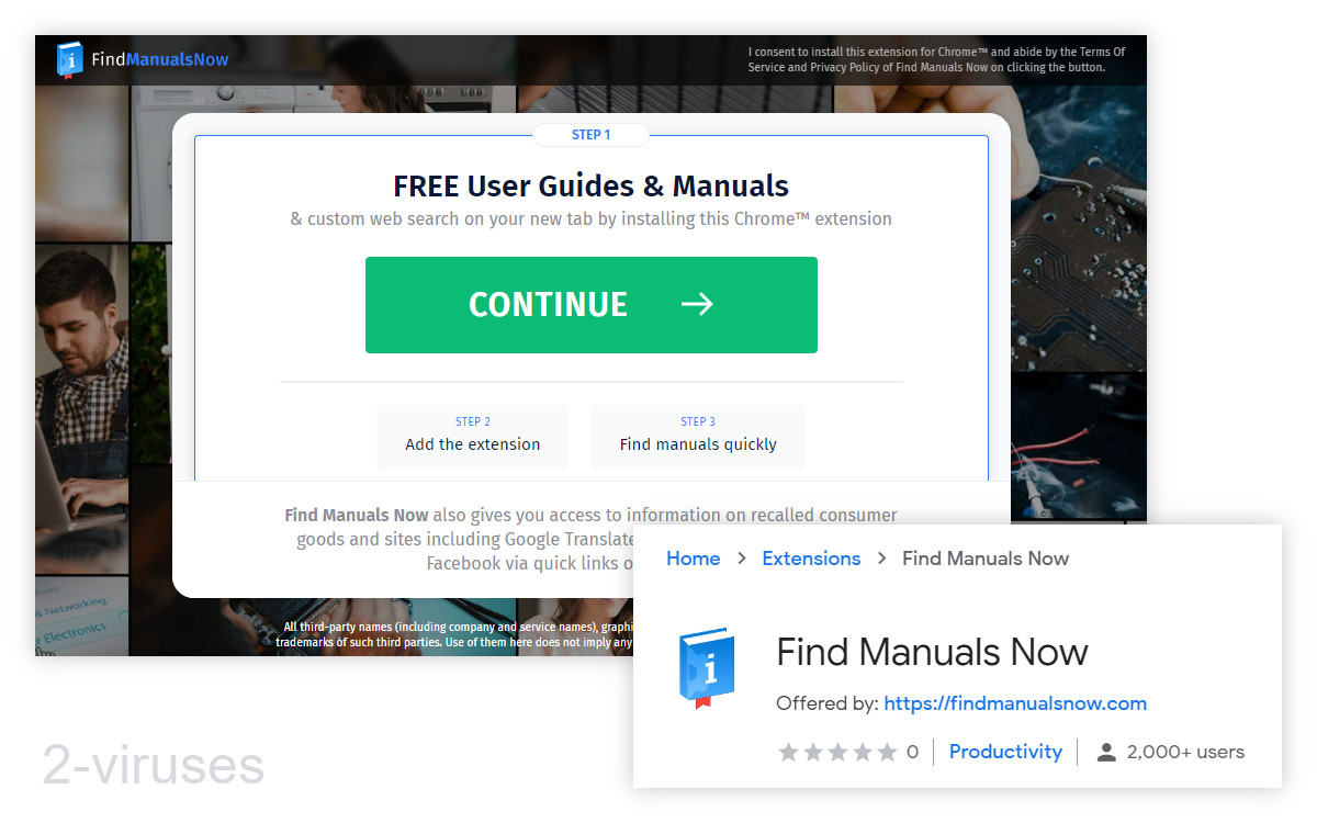 Find Manuals Now advertises free user guides but installs a browser extension instead.