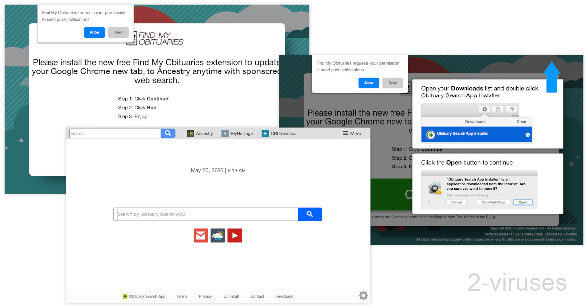 Hfindmyobituaries.com downloads an installer and asks you to allow notifications. 