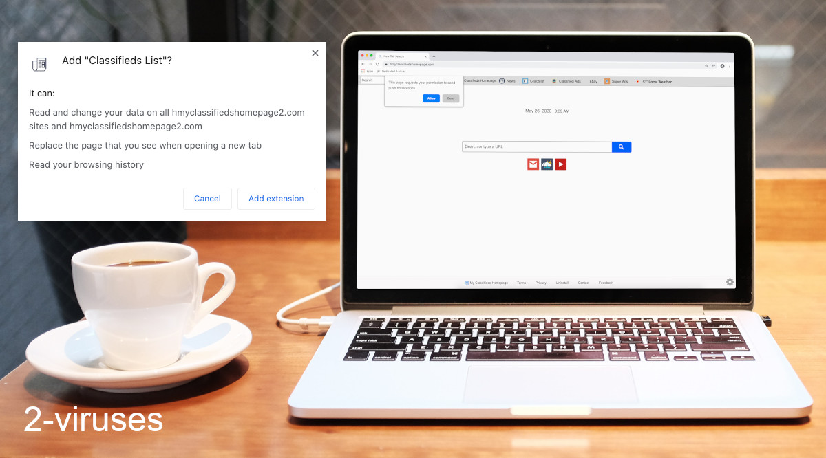 Hmyclassifiedshomepage.com changes your new tab and reads your browsing history.