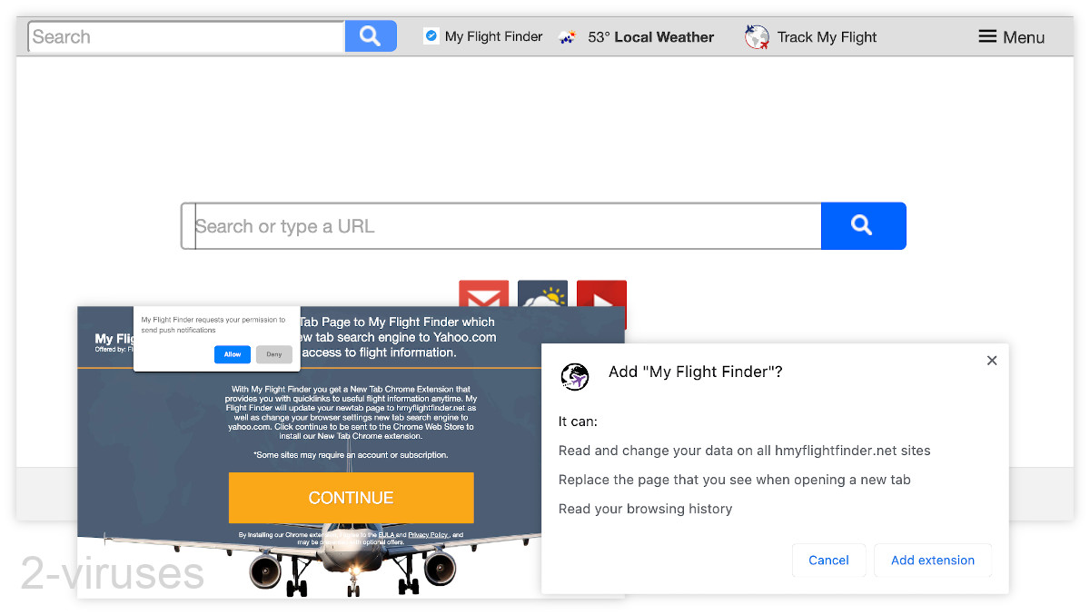 Hmyflightfinder.net new tab has a search box and a few adware links.