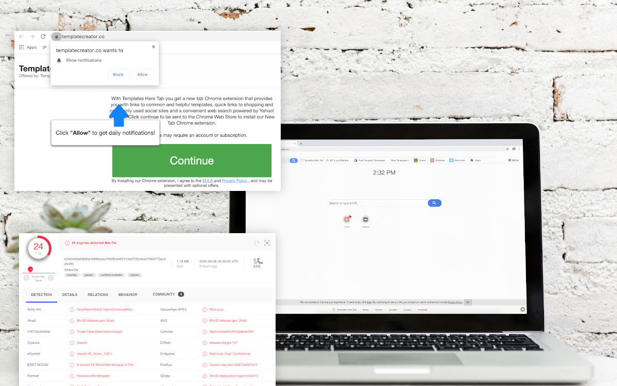 Templates Here Tab installer was detected by 24 antivirus programs on virustotal.