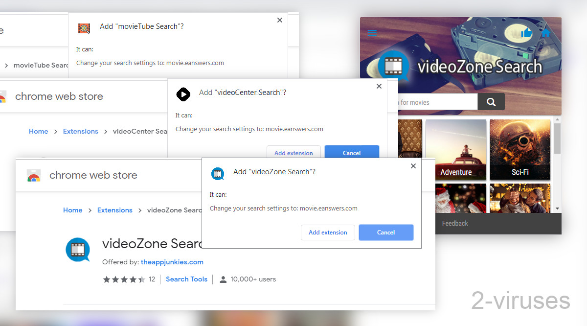 Movie.eanswers.com is promoted by a bunch of different browser extensions.