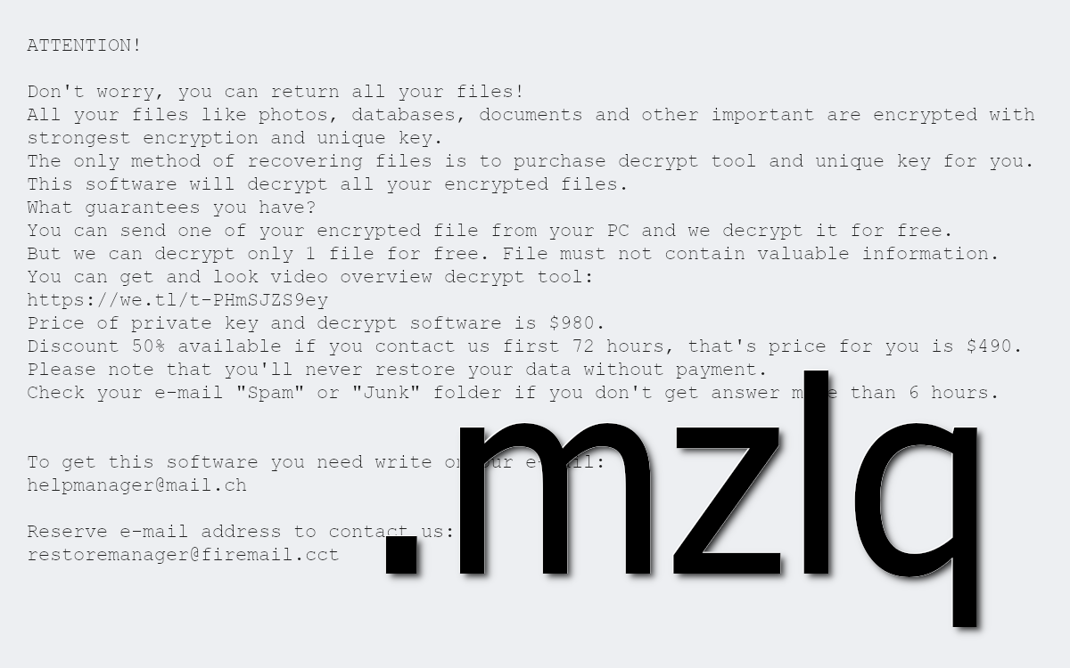 Mzlq ransom note asks for money and provides the email addresses to contact the criminals.