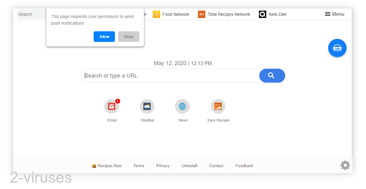 Recipesnowtab.com has a bunch of recipe links and a search box in the middle.