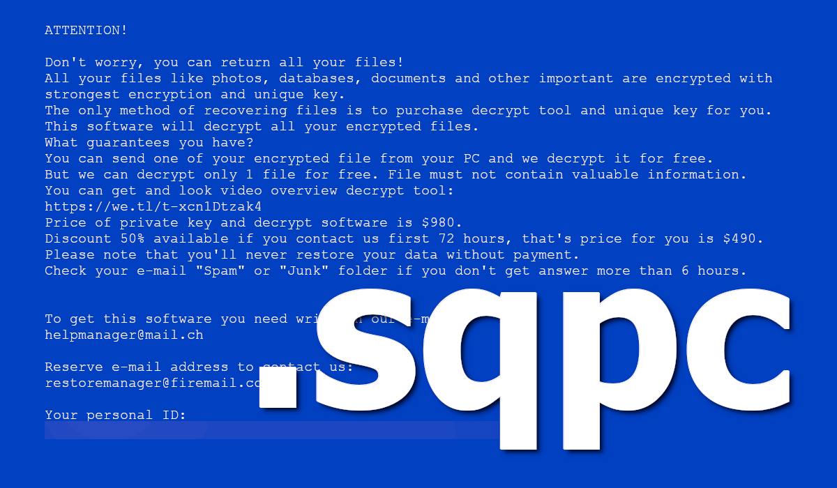 Sqpc's ransom note asks you to pay up to $980 for your files being fixed.
