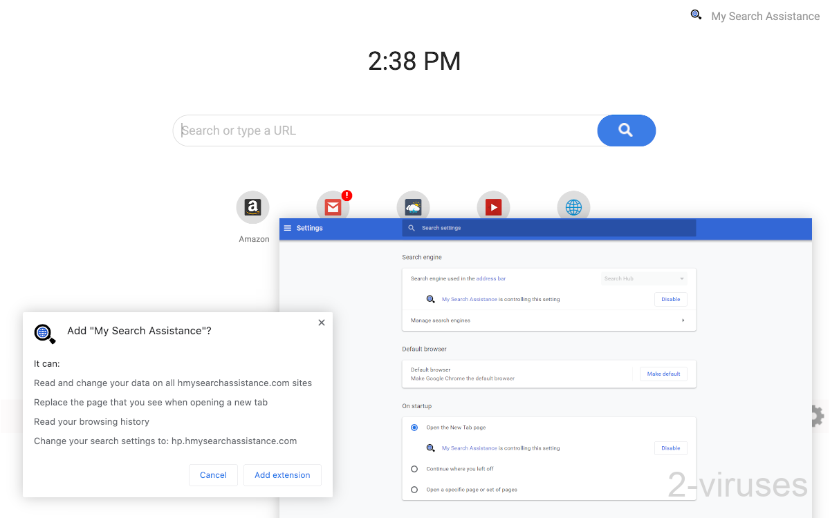Hmysearchassistance.com controls the new tab as well as the search engine setting.