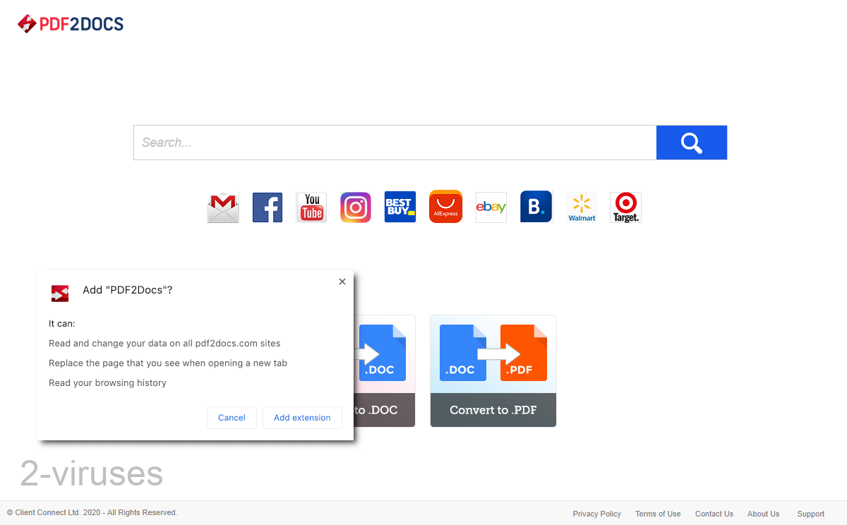 Pdf2docs.com's new tab is extremely basic and has links ti sites like Facebook and Walmart.