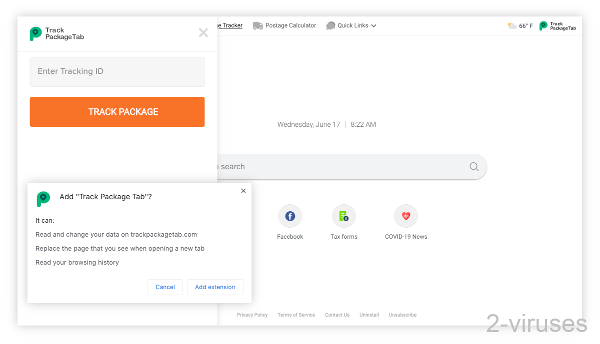 Trackpackagetab.com replaces the new tab page.