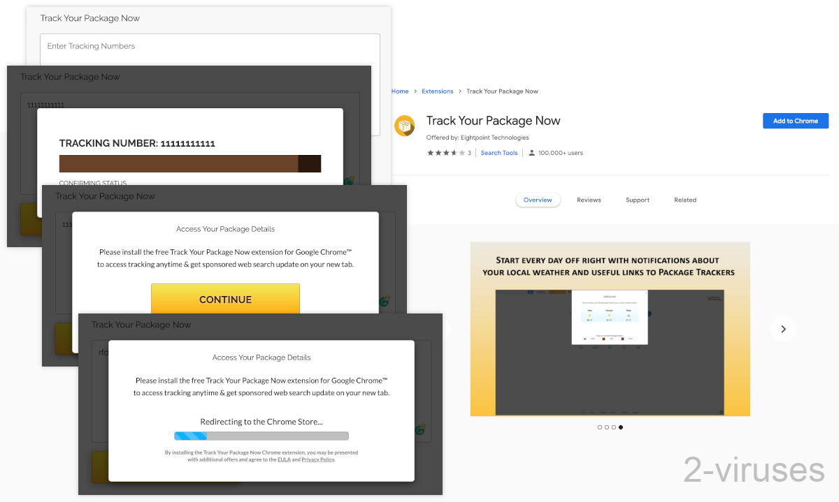 The installation process from a fake tracking site to the chrome store.