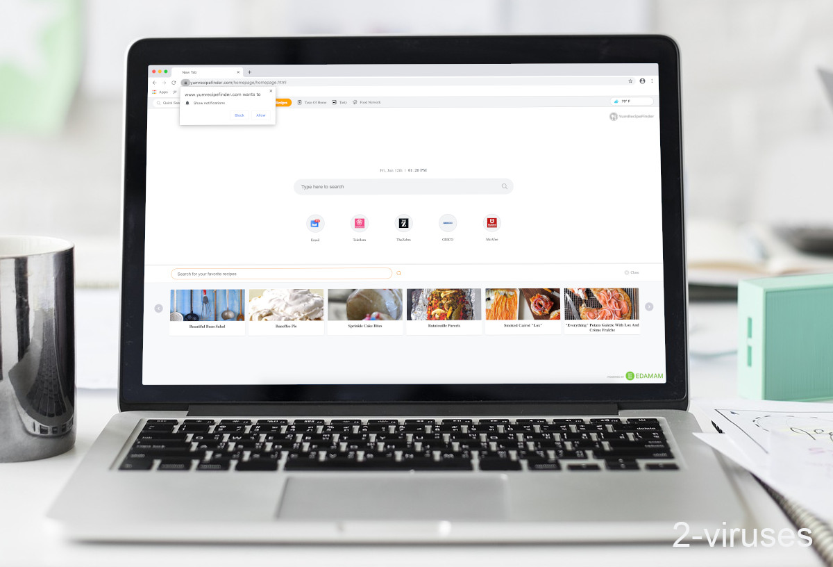 Yumrecipefinder.com asks to send notifications.