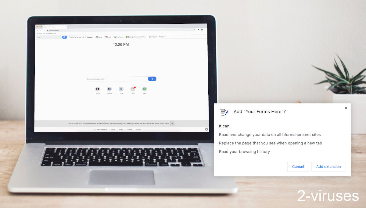 Hformshere.net asks to change your new tab page and read your history.