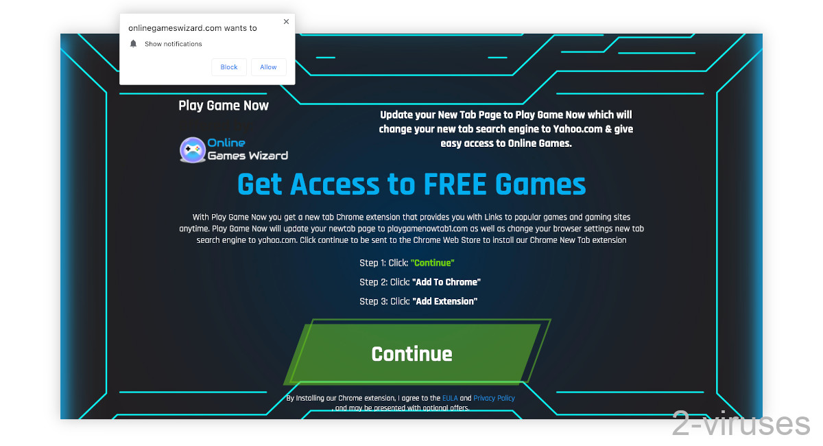 Onlinegameswizard.com offering "Free games" which leads to another hijacker.