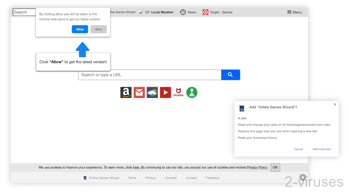 Honlinegameswizard.com hijacks the new tab page.