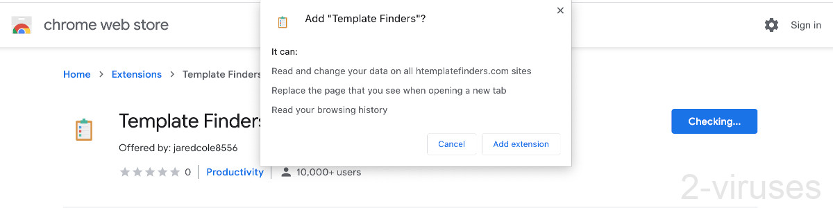 Htemplatefinders.com asks for permissions including to read your browsing history.