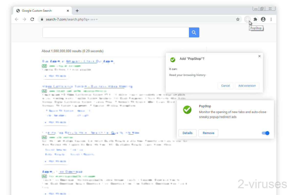 PopStop only asks to read your browsing history but it redirects searches.