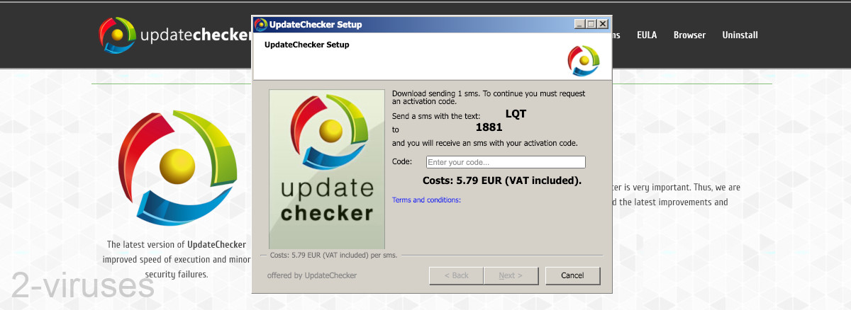 UpdateChecker tells me to pay money with an SMS to finish installation.