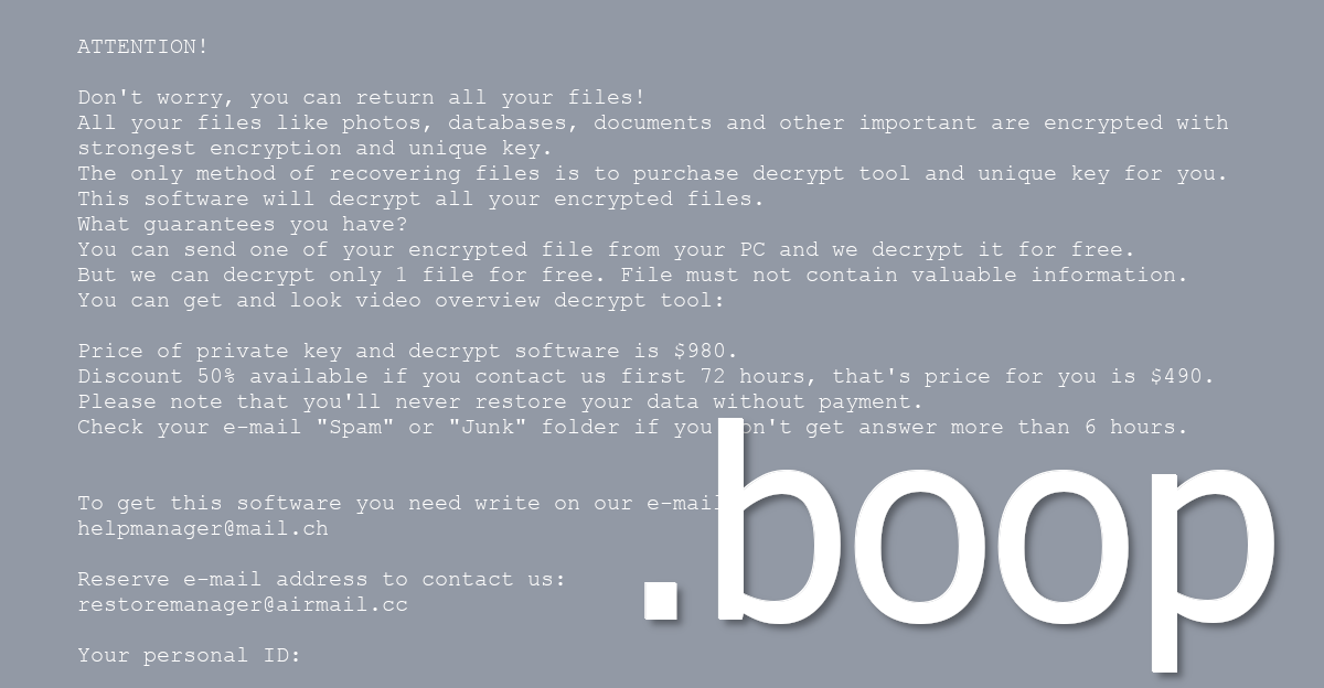 Boop ransom note asks for money in exchange for fixing files.