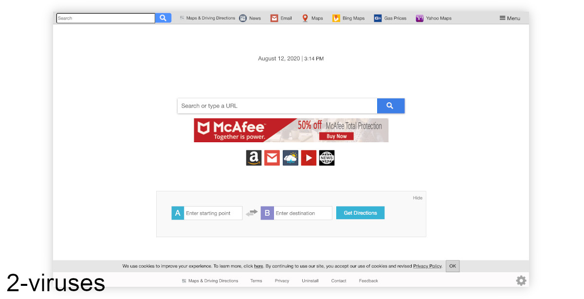 Mapsanddrivingdirectionstab.com's new tab page is full of links to related sites.