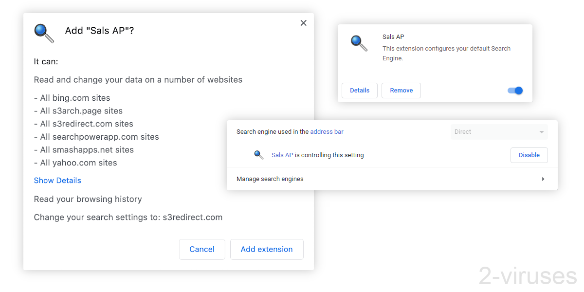 Browser add-ons behind S3redirect.com redirects ask for some intrusive permissions.