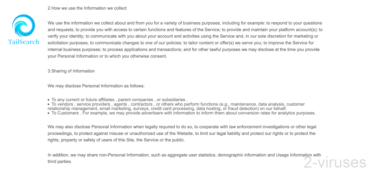 Tailsearch.com privacy policy says how data may be shared.