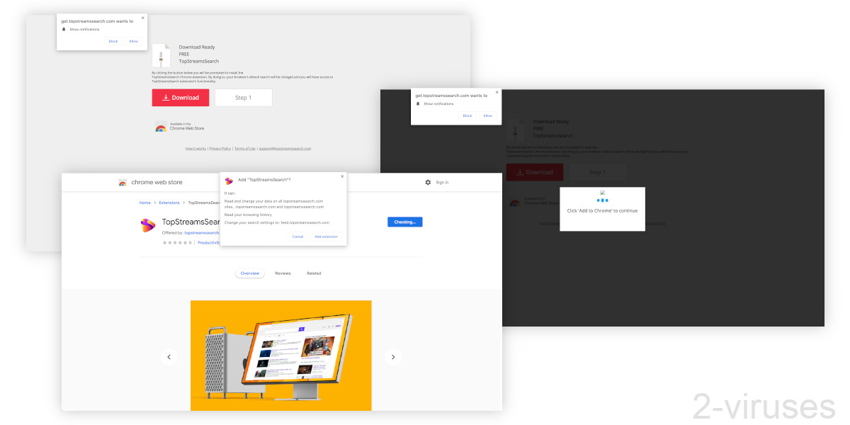 Topstreamssearch.com's installation process leads from a mysterious "Download" button straight to the Chrome web store.