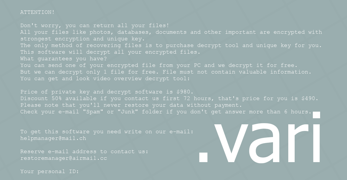 Vari has a ransom not in which it says to pay money to the criminals to get your files back.