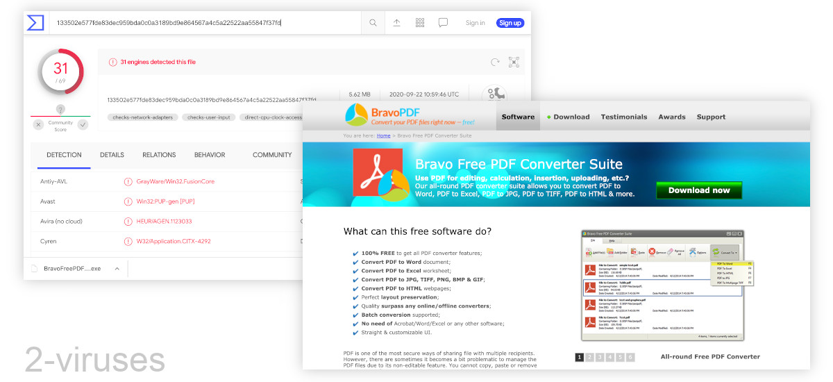 BravoPDF Converter detected by 31 scanner on Virustotal.
