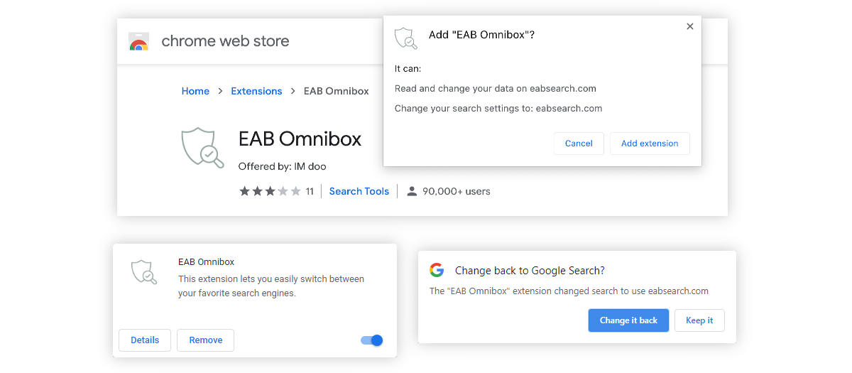 EAB Omnibox asks to change your default search engine to eabsearch.com.
