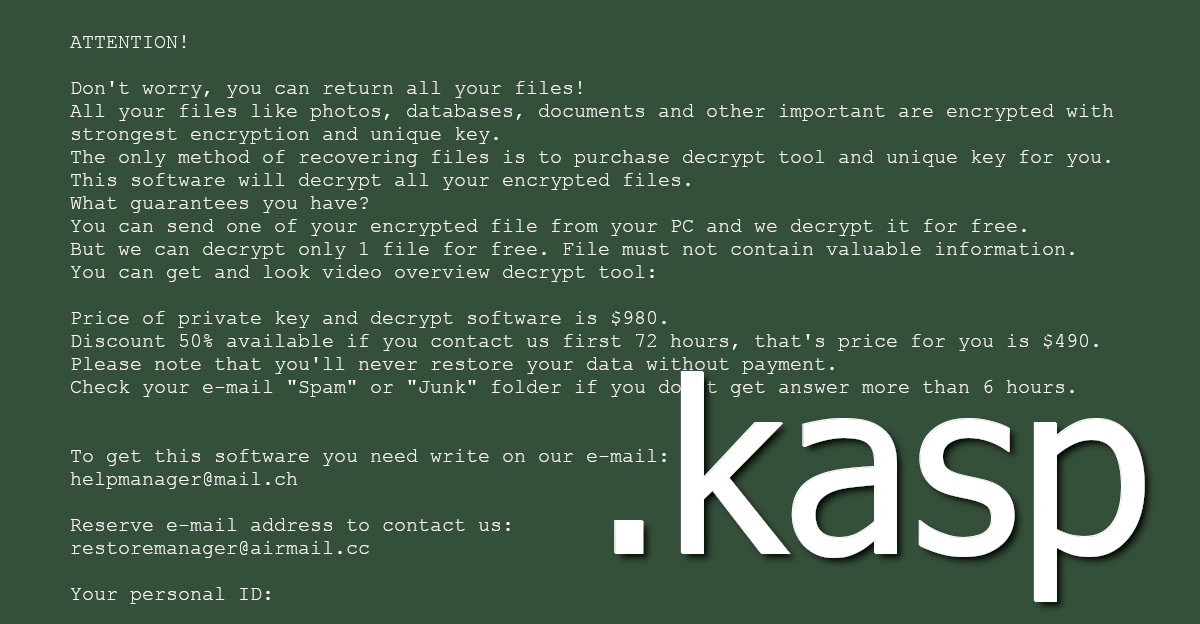 Kasp uses its ransom note to ask for money - from $490 to $980.
