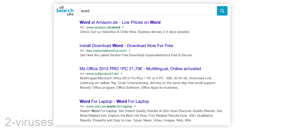 Allsearchsite.com search "Word": ad for Amazon, a hijacker, a software store, and an arbitrage site.