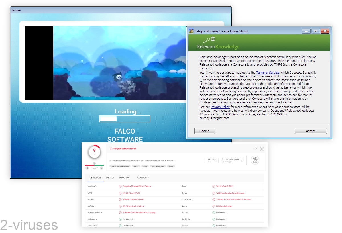 Falcoware.com's games are flagged by varying numbers of scanners from 1 to 39.