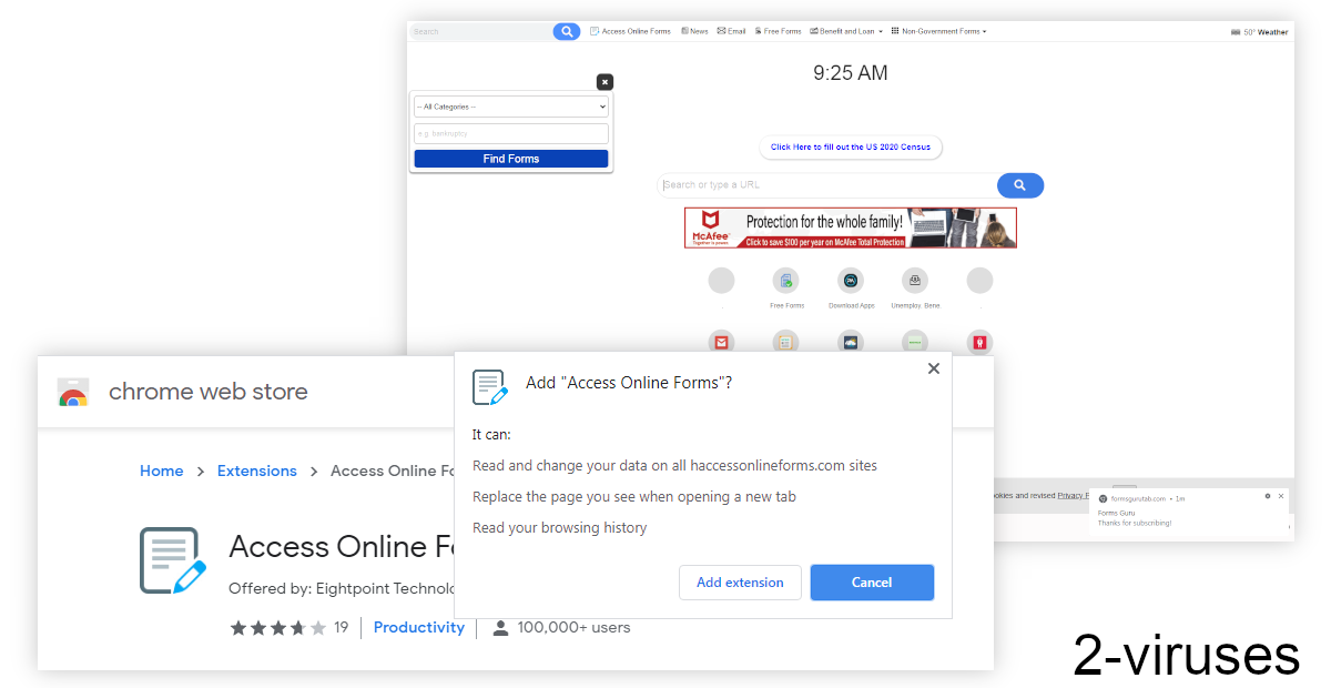 Haccessonlineforms.com asks to replace your new tab and read your browsing history.