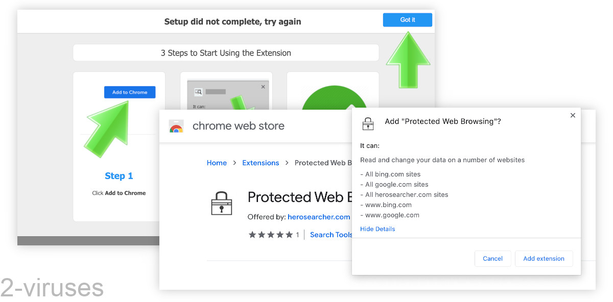 Herosearcher.com is spread by browser extensions that claim to improve your privacy.