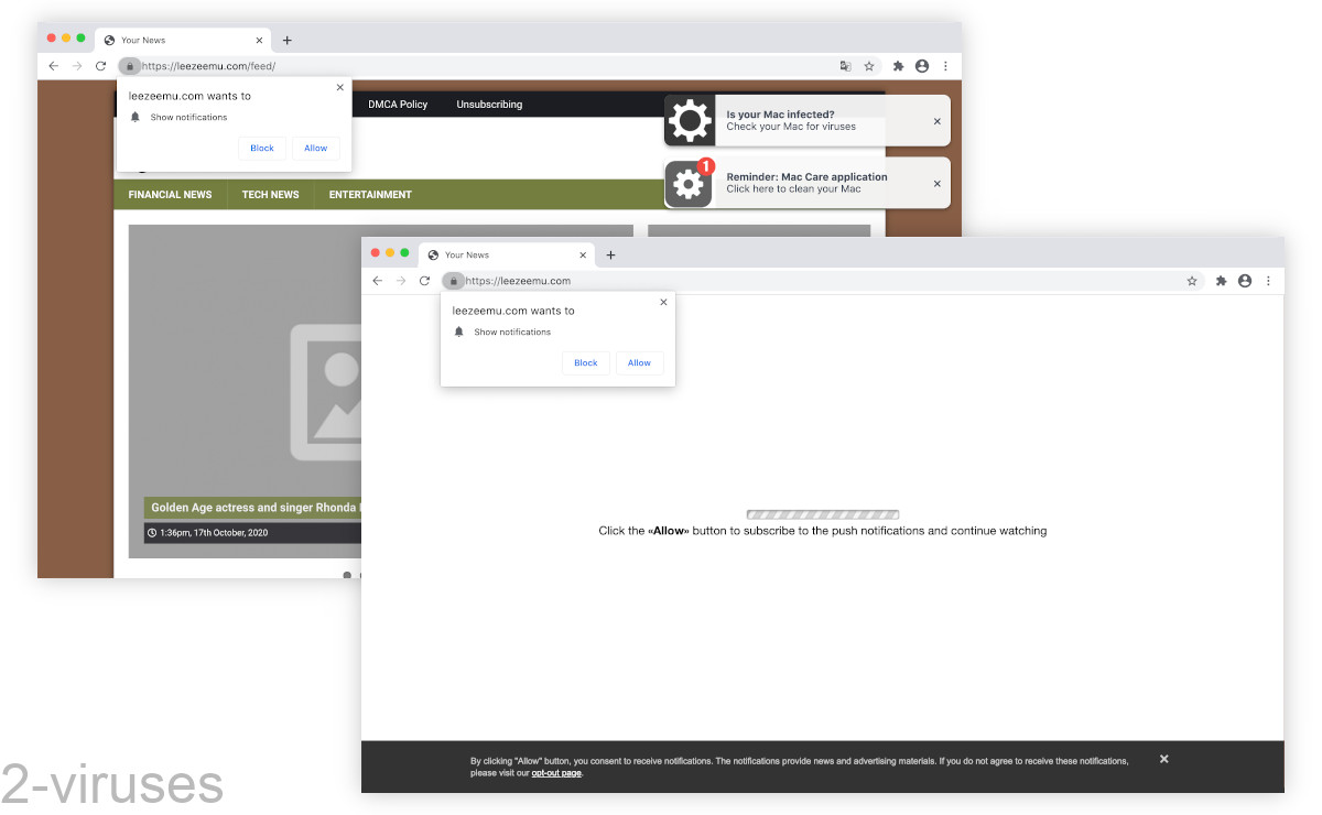 Leezeemu.com has two sides, the news site and the notification hijacker.
