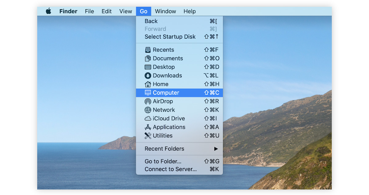 Finder -> Go -> Computer.