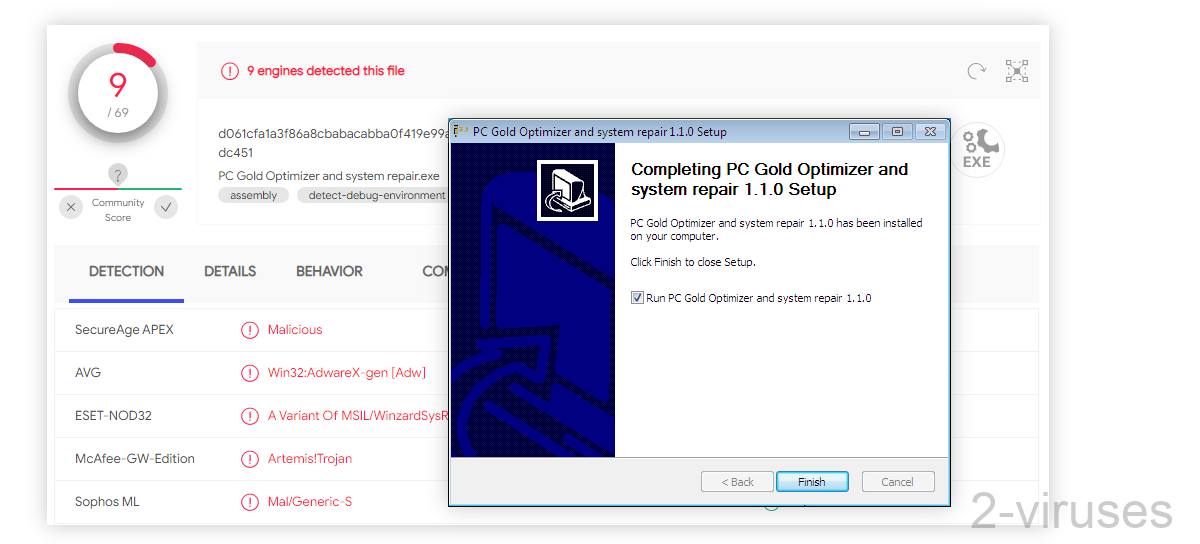 PC Gold Optimizer as detected by 9 scanners on Virustotal.