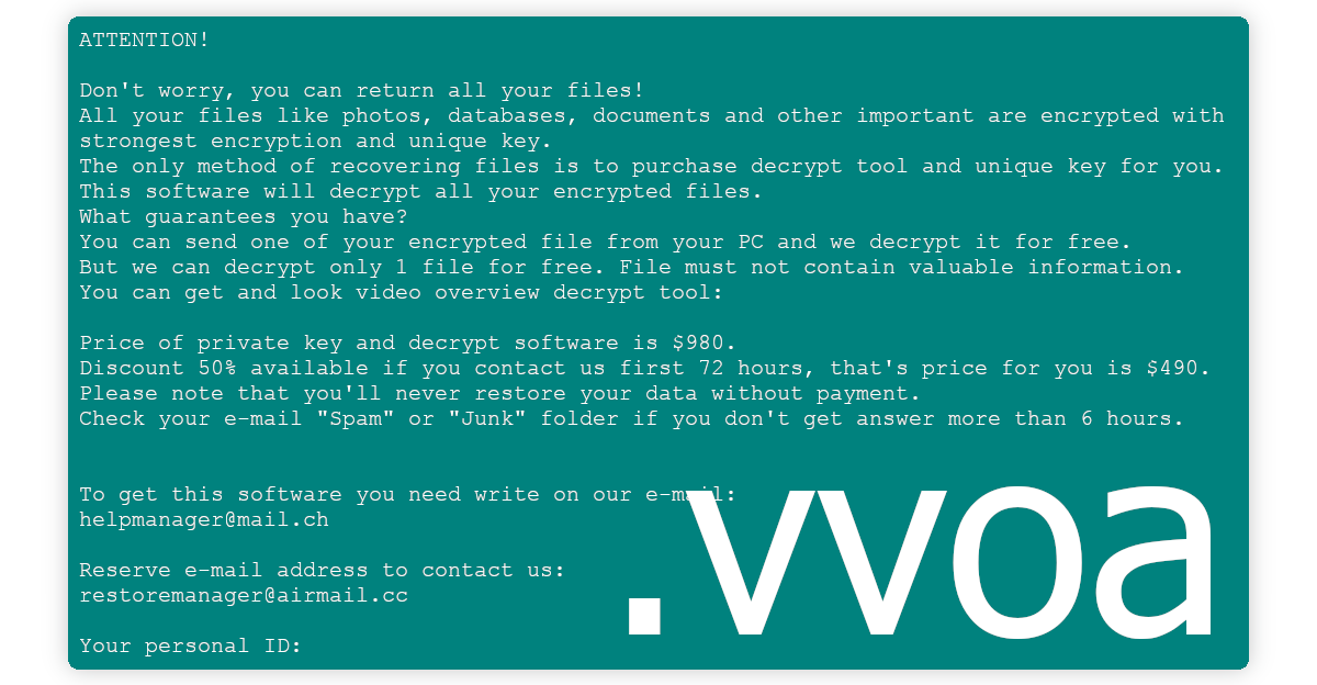 Vvoa ransomware asks for up to $980 in ransom money.